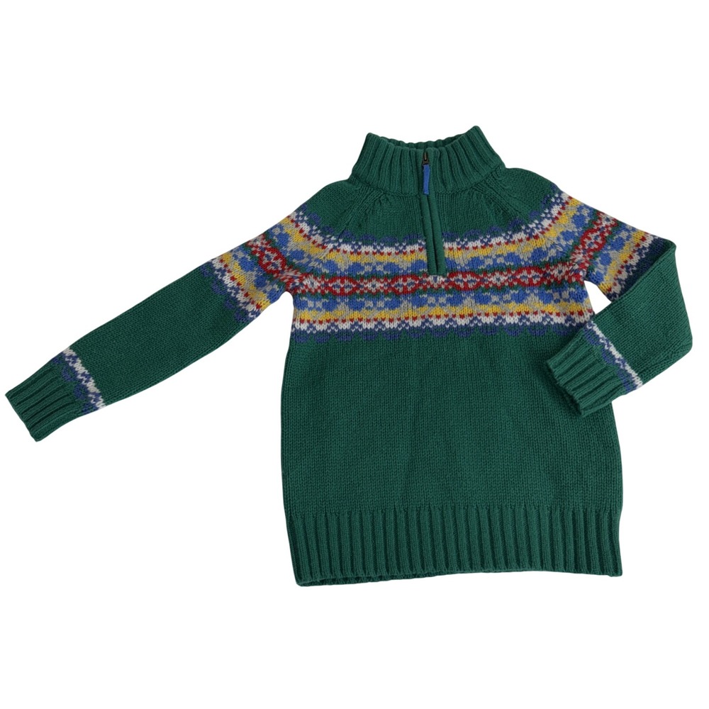 Boden Kids Boys Fair Isle Wool Half Zip Sweater Green Wool Blend Size 6-7